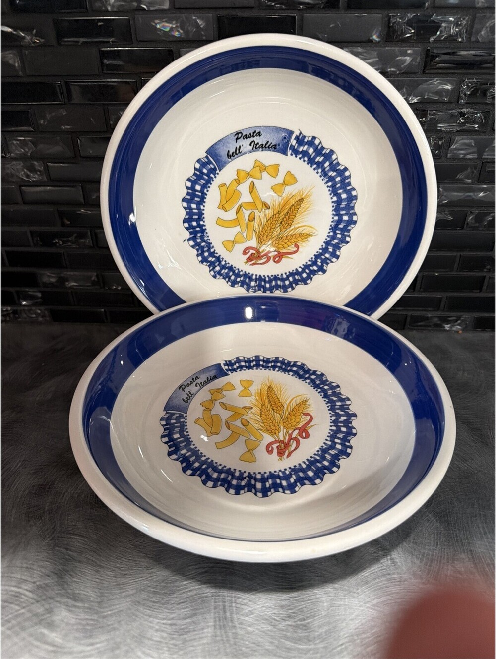 Vintage Tre Ci Plates Pasta Del Mondo Blue Border Italian Kitchen Decor Set Of 2